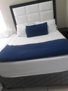约翰内斯堡Hotel Amor Rosebank的一张大床,上面有蓝色的枕头