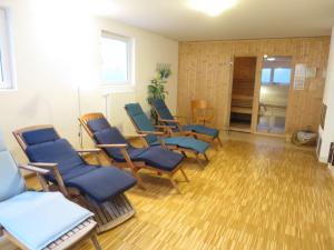 奥巴拉马高Holiday Home Schwänli by Interhome的一间铺有木地板的蓝色椅子等候室