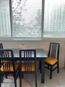 斯科普里Cosy Apartment on an amazing location!的一张餐桌和两把椅子,窗户