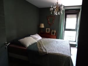 法勒斯堡BOIS DE CHENES HOUSE的一间卧室配有一张床、一个吊灯和一扇窗户
