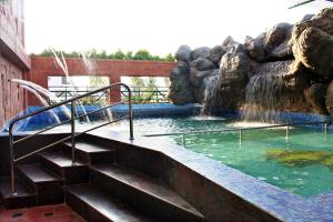 迈索尔柏宁酒店 的动物园内一个带瀑布和楼梯的游泳池