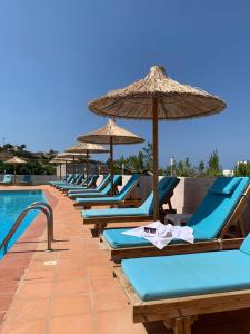 赫索尼索斯Saradari Beach Hotel - Adults Only的游泳池旁一排带遮阳伞的躺椅
