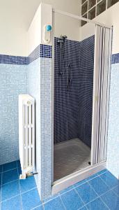 卡梅拉诺Fuori Porta Apartment的浴室铺有蓝色瓷砖,设有淋浴。