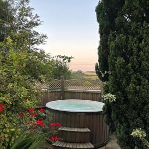 MidfordGorgeous Country Cottage on outskirts of Bath with Wood Fired Hot Tub的花园内的一个热水浴池,花园内种有树木和鲜花