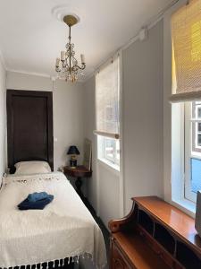 拉奥罗塔瓦Gato Azul - Coliving的一间卧室配有一张床和一个吊灯