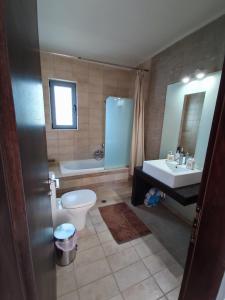帕萨里迪Yiorgos, amazing sunset view house的浴室配有卫生间、盥洗盆和浴缸。
