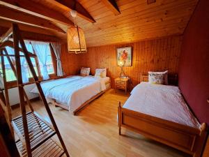 维尔德斯韦尔Sawasdee Swiss Chalet Wilderswil的小木屋内一间卧室,配有两张床