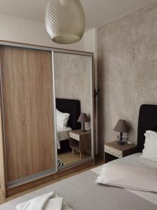 萨索斯Villa Gallen的一间带大镜子和床的卧室