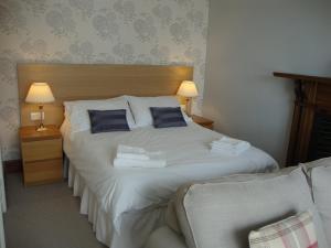 克里基厄斯Glanllifon B&B的卧室配有带蓝色枕头的大型白色床