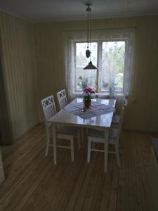 SöråkerLodge åstön的一间带桌椅和窗户的用餐室