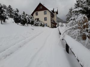 什恰夫尼察Willa Bańkoszówka的房屋前的雪覆盖路径