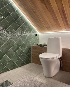克里斯蒂娜城Eleonora Bed & Breakfast的一间带卫生间的浴室和绿色瓷砖墙