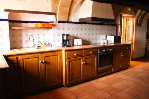 赫罗纳Mas Goy, casa rural con piscina的厨房配有木制橱柜、水槽和炉灶。