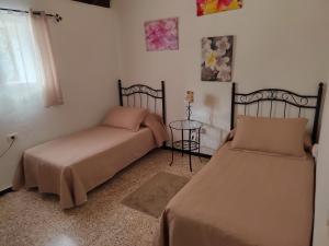戈梅拉岛圣塞瓦斯蒂安Mirador Vista Palacios的一间卧室设有两张床、一张桌子和一个窗口