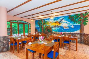 阿约拉港Grand Hotel Leon Marino Galapagos的一间带木桌和椅子的餐厅以及壁画
