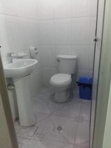 拉巴斯Hostal Flores的白色的浴室设有卫生间和水槽。