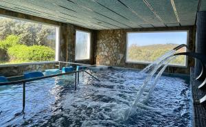 CarmonitaHotel Balneario Fuentes del Trampal的带窗户的客房内的一个带瀑布的游泳池
