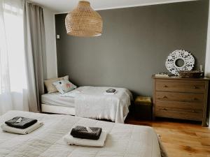 布尔诺附近斯拉夫科夫Simply rooms的一间卧室配有两张床、一盏灯和梳妆台。