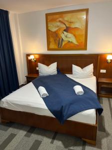 克卢日-纳波卡Pensiunea View的一间卧室配有一张带蓝色毯子的大床
