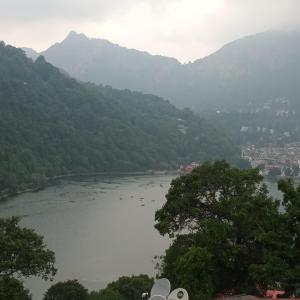 奈尼塔尔Lakshmi Kutteer Homestay的享有树木和山脉的河流美景