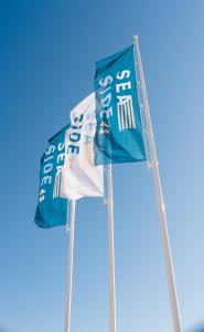 圣彼得奥尔丁Seaside 43的蓝天上悬挂的两面旗