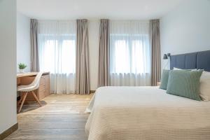 潘普洛纳Ronces Hostel的卧室配有一张床、一张书桌和窗户。