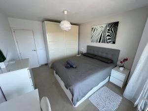 多列毛利诺斯Apartamento Carihuela Torremolinos的一间卧室,配有一张床和斑马的照片