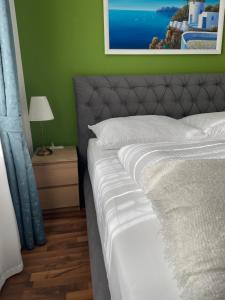 克拉根福Studios Klagenfurt的一间卧室设有一张床和绿色的墙壁