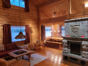 KesälahtiLakeland Karelia Puutikka的小木屋内带壁炉的客厅