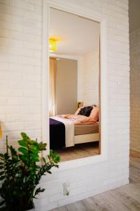 埃尔布隆格Apartament Ohar Downtown的一间卧室配有一张床和镜子