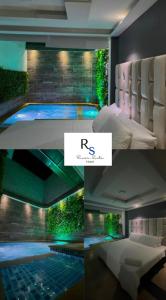 莱蒂西亚Hotel River Suite的卧室与游泳池相拼图