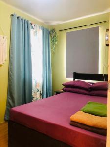 Baliuag市中心普罗米奈扎844公寓的一间卧室配有一张紫色和绿色的床