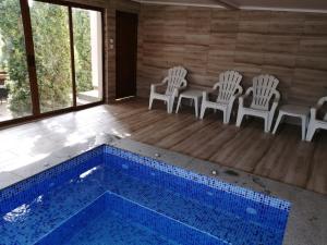 斯特雷尔恰Къща за гости Мира的客房设有带椅子和桌子的游泳池。