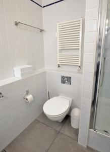 维滕贝克Ferienwohnung Sonnenblick的白色的浴室设有卫生间和淋浴。