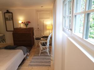纳卡Stockholm B&B Cottage的卧室配有一张床和一张桌子及椅子