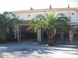 RusHostal El Sevillano的两棵棕榈树的建筑