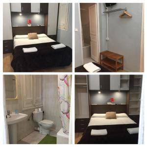 巴塞罗那SANT ANTONI HOSTAL, Sustainable Tourism的一张带两张床和一间浴室的房间的三张照片