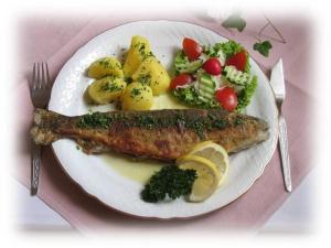 巴特尚道沃弗斯贝格全景酒店的一块带鱼和蔬菜的食品