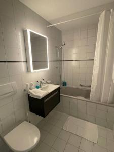 锡格里斯维尔Panorama Boutique Apartment with complimentary Spa access at Solbad Hotel的浴室配有盥洗盆、卫生间和浴缸。