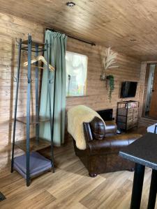 朗塞斯顿1 bedroom woodland cabin的客厅配有真皮沙发和架子
