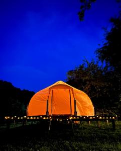布朗Flore's Garden Glamping的夜晚坐在草地上的橙色帐篷