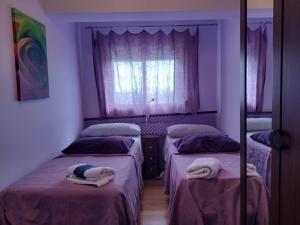 纳瓦尔卡内罗Piso a 20 minutos del centro Madrid con wifi的一间卧室配有两张带毛巾的床