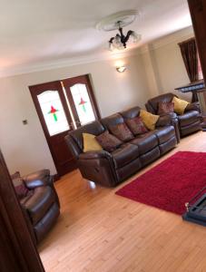 LetterbreenCorraglass House - close proximity to Cuilcagh的客厅配有真皮沙发和红色地毯。