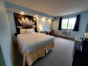 威尔明顿Coastal Inn & Suites的卧室配有一张大床,墙上挂着一幅大花画
