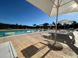 帕拉比塔Dependance di Villa Melissa的一个带遮阳伞、长凳和游泳池的庭院