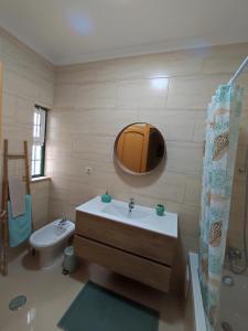 珀彻斯Casa Brisa do Mar的一间带水槽、卫生间和镜子的浴室