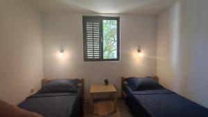 苏托莫雷House in the pines的配有2张床的带窗户和桌子的客房
