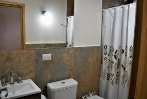 圣马丁德洛斯Las Casitas 1的浴室设有卫生间、水槽和淋浴帘