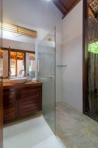 阿拉亚尔达茹达Villa Bulan的一间带玻璃淋浴和水槽的浴室