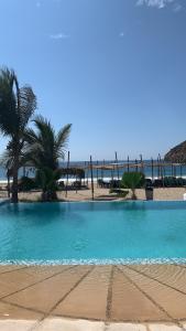 CoyucaCondominio Agave del Mar的海滩旁的大型蓝色游泳池